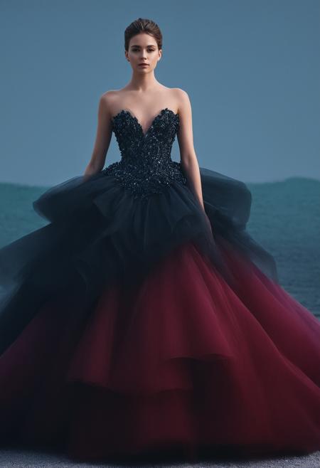 Nautical-themed 1girl, woman,dressed beautiful gown,gown,background,<lora:Haute Couture (AM):1>,haute couture, realistic, photorealistic,<lora:LetThereBeLight:0.2>,Beeple,volumetric fog and lighting,, dark red and black color palette . Sea, ocean, ships, maritime, beach, marine life, highly detailed