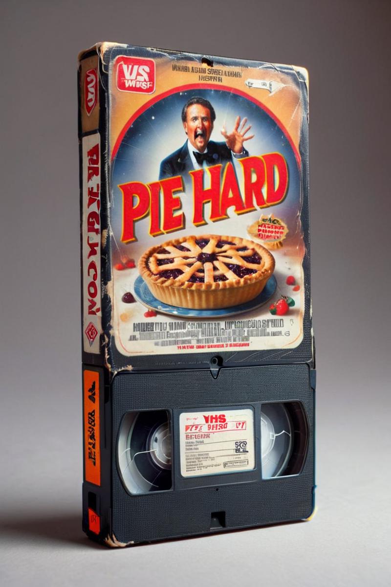 VHS Tape Cover of Pie Hard Movie with Man and Pie on it.