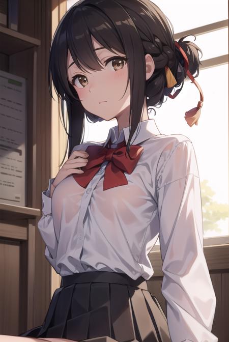 mitsuhamiyamizu, <lora:mitsuhatest:1>,
mitsuha miyamizu, black hair, (brown eyes:1.5), hair ribbon, (small breast:1.2),
BREAK bow, bowtie, kneehighs, pleated skirt, red bow, red bowtie, school uniform, skirt, white shirt, long sleeves,
BREAK looking at viewer,
BREAK indoors, classroom,
BREAK <lora:GoodHands-vanilla:1>, (masterpiece:1.2), best quality, high resolution, unity 8k wallpaper, (illustration:0.8), (beautiful detailed eyes:1.6), extremely detailed face, perfect lighting, extremely detailed CG, (perfect hands, perfect anatomy),