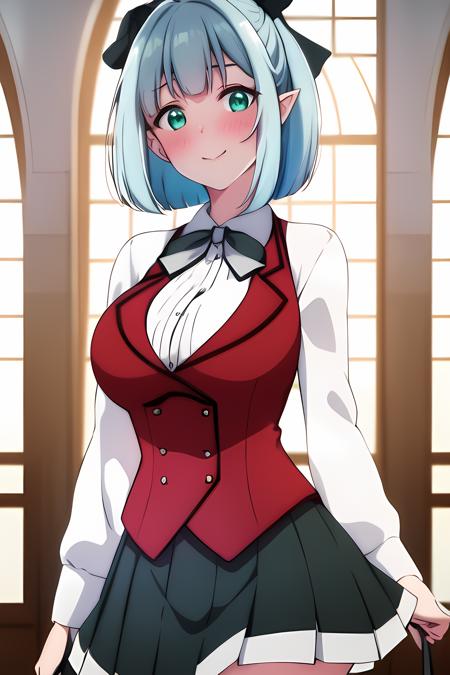 ((masterpiece, best quality)),1girl,blush,(green_eyes)BREAK,standing, lack_skirt, blue_hair, (black bow), cowboy_shot, long_sleeves, looking_at_viewer, pleated_skirt, pointy_ears,(red_vest:1.2)BREAK,ribbon, school_uniform, shirt, short_hair, skirt, smile, solo,white_shirt smile, solo,,extremely detailed CG unity 8k wallpaper, perfect lighting,Colorful, Bright_Front_face_Lighting,White skin, (masterpiece:1.0),(best_quality:1.0), ultra high res,4K,ultra-detailed, photography, 8K, HDR, highres, absurdres:1.2, Kodak portra 400, film grain, blurry background, bokeh:1.2, lens flare, (vibrant_color:1.2),professional photograph,Beautiful,medium_Breasts, (beautiful_face:1.5),(narrow_waist),Beautiful Finger,Beautiful long legs,Beautiful body,Beautiful Nose,Beautiful character design, perfect face,perfect balance,