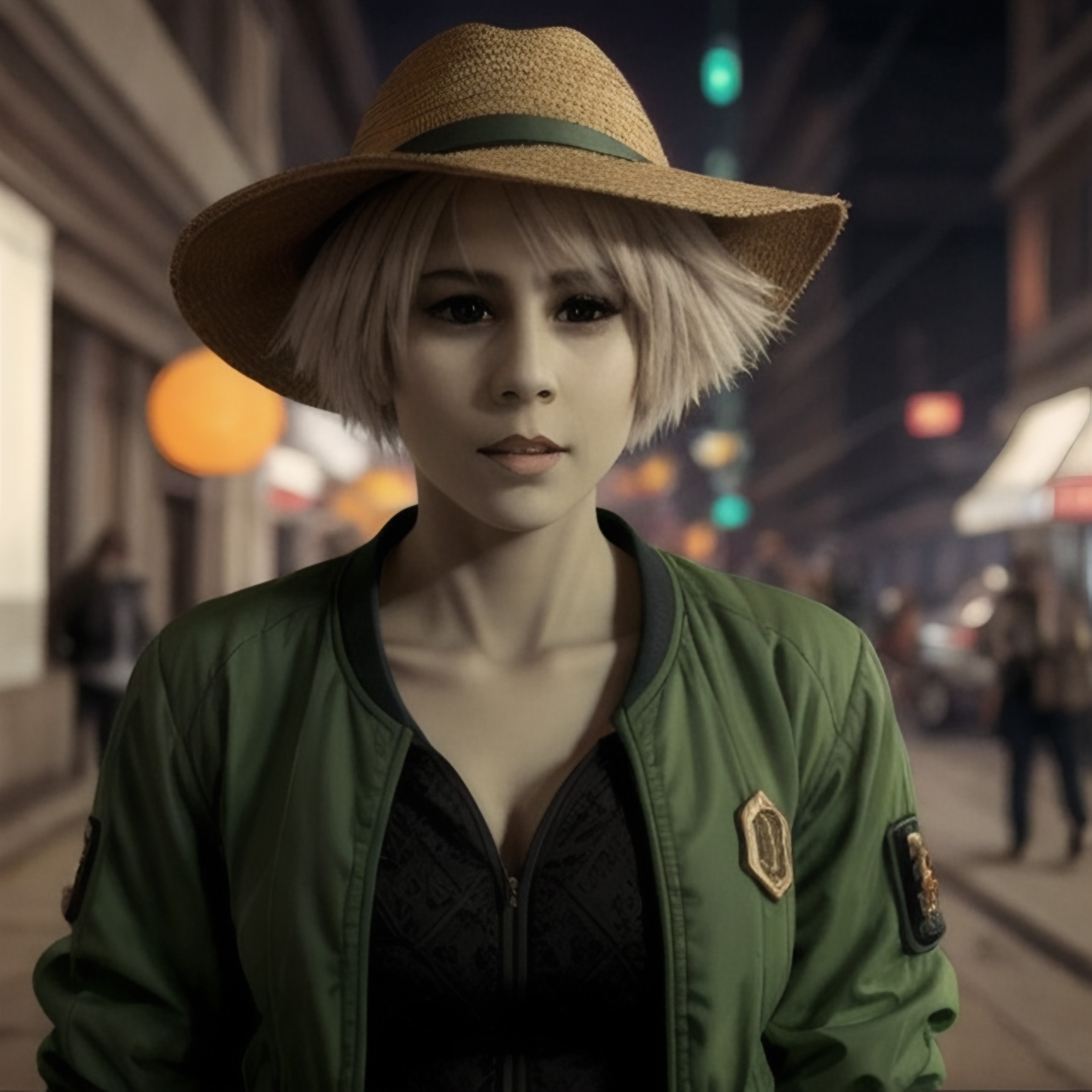 ((DSLR Photo)), ((realistic))), wearing a straw hat, ChianaFarscape, wearing a green bomber jacket, from nearby, (front vi...