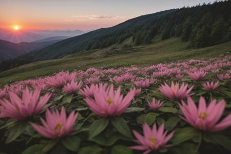 raw photo, a sunset landscape, Carpathian mountains valley temperate forests, Poland forest,  cozy, photorealistic, high detailed texture, 8k uhd, dslr, soft lighting, high quality, film grain, Fujifilm XT3, Sony A7 IV, highly detailed photography, (muted colors, cinematic, dim colors, soothing tones:1.2), vibrant, insanely detailed, hyperdetailed, (dark shot:1.2), (vsco:0.3), (intricate details:0.9), (hdr, hyperdetailed:1.2) (highest coherency: 1.39) (highest quality: 1.39) (rule of Thirds) (award winning) (breathtaking) (masterclass) (vibrant color: 0.79) (foggy: 1.09) (distant hillside) (spring flowers) (sharp focus forground) (detailed flower: 1.39)