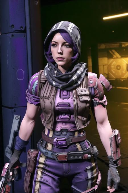 <lora:athena_(borderlands):0.8>, athena (borderlands), masterpiece, best quality, 1girl, weapon, solo, scarf, gloves, hood, armor, belt, looking at viewer, hood up, science fiction, purple hair,