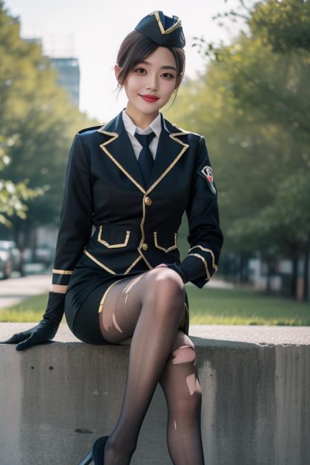 ultra-detailed,highly detailed,best quality,masterpiece,illustration,
cf yemeigui, 1girl, solo, cosplay, military uniform, long legs, light smile, 
gloves, garrison cap, necktie, pencil skirt,  jacket,alternate costume,torn pantyhose, 
dynamic pose, looking at viewer, outdoors, nature,  sitting, 
<lora:cf yemeigui_v1_03:0.9>