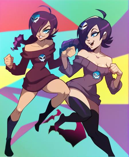 score_9_up, score_8_up, score_7_up, dynamic pose, full body, wide shot, Forced Perspective, 1girl, <lora:zonearchive_zone-tan_ponyXL:1>, Zone-Tan, hair over one eye, ahoge, drill hair, skull hair ornament, purple hair, blue eyes, medium breasts, smiling, open mouth, off-shoulder sweater, collarbone, black thighhighs 
, <lora:tendertroupe_v0.1-pony:1>