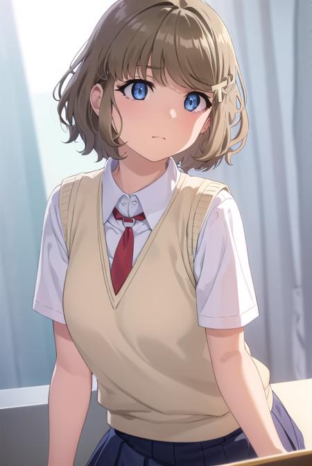 tomoekoga, <lora:tomoe koga s1-lora-nochekaiser:1>, 
tomoe koga, short hair, brown hair, blue eyes, hair clip,
BREAK skirt, shirt, school uniform, white shirt, short sleeves, pleated skirt, necktie, collared shirt, red necktie, sweater vest,
BREAK indoors, classroom,
BREAK looking at viewer, (cowboy shot:1.5),
BREAK <lyco:GoodHands-beta2:1>, (masterpiece:1.2), best quality, high resolution, unity 8k wallpaper, (illustration:0.8), (beautiful detailed eyes:1.6), extremely detailed face, perfect lighting, extremely detailed CG, (perfect hands, perfect anatomy),