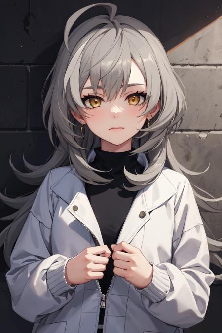 masterpiece, best quality, absurdres, perfect anatomy, 1girl, solo, SasakiRan, long hair, streaked hair, ahoge, earrings, sharp eyes, choker, neon shirt, open jacket, turtleneck sweater, night, against wall, brick wall, graffiti, dim lighting, alley, looking at viewer, upper body, <lora:SasakiRan:1>