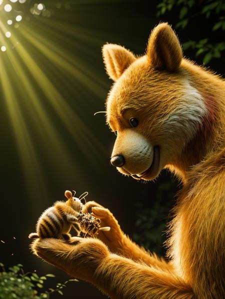 Watercolor painting HDR photo of Hyperrealistic art masterpiece of Winnie The Pooh playng with bees, in a forest clearing, early evening, The Pooh has highly textured fur <lora:xl_more_art-full_v1:0.25> . Extremely high-resolution details, photographic, realism pushed to extreme, fine texture, incredibly lifelike. High dynamic range, vivid, rich details, clear shadows and highlights, realistic, intense, enhanced contrast, highly detailed, 3D render, ((hyper realism)), sharp focus, cinematic lighting, photo realistic, hyper realistic. 4k, natural, global illumination, caustics, ratytracing, Unreal Engine, highly detailed, trending on Artstation . Vibrant, beautiful, painterly, detailed, textural, artistic
