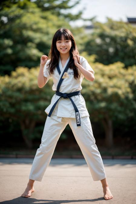 full body, photo of a 20-year-old japanese girl, practicing martial arts, happy, laughing, ray tracing, detail shadow, Porta 160 color, shot on Fujifilm X-T4, 85mm f1.2, depth of field, bokeh, sharp focus on subject, motion blur, <lora:add_detail:1>