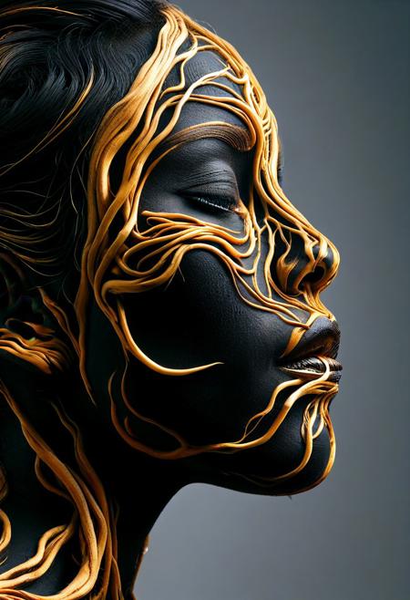 PG-TR,(film grain),ultrarealistic 4k,photoart_style, vivid, minimalist, beautiful black face, golden make-up,side view profile,realistic, Wide angle lens, high contrast, dark black tone,Cinematic Lighting, movie-level texture, hand-painted details, epic, meticulous,perfect composition, dynamic play of light, rich colors, epic shot, perfectly quality, natural textures,high detail, photoshadow, (natural colors, correct white balance, color correction, dehaze),(intricate detailed), YurYuna