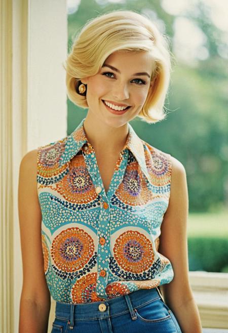 fashion editorial style. cinematic, gjhawn, a 20-year-old-woman, short-blonde-pixie-hair, smile, in a buttoned-blouse, sleeveless, retro 60s fashion, 60s color palette, 1960s style, 35mm photograph, film, bokeh, professional, 4k, highly detailed, casual-clothing, long-flowing-shirt, jeans, (bold-colorful-psychedelic-mod-print-clothing, by 'Emilio Pucci'), trendy, stylish, editorial, magazine style, professional, highly detailed, (indoors)