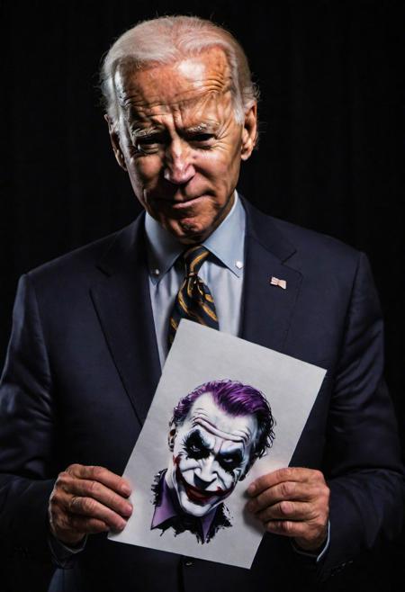 Close-up, (Joe Biden AS Joker MAKE UP), grim smile, relaxed pose, portrait movie shot, serious, menacing, chiaroscuro style photo, dark background, minimalism, dramatic lighting, professional quality, dull highlights and shadows, natural and original, HOLDING A  paper writing "FAKE YOU"