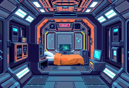 pixel, pexelated,pixelart, futuristic compact spaceship bedroom cubicle for apprentice magician with a digital glass computerno decoration full metal room looking like a cubicle