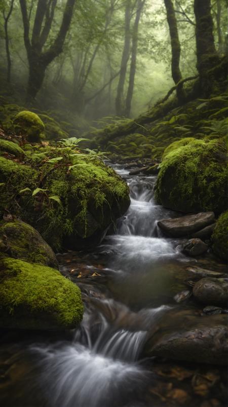 CINEMATIC SHOT,professional photo by Caravaggio of  wild nature,Sachalin,summer,drizzling,rain,small stream in a moss forest,leaves,haze,leaves floating on stream,rule of thirds,view from surface,(by Christopher Nolan:1.4),F11,(DOF, Cinematic Color grading, intricate, hyper realistic, detailed, flickr, cinematic lighting),<lora:Wild_nature_XL:1>,<lora:add-detail-xl:1>,