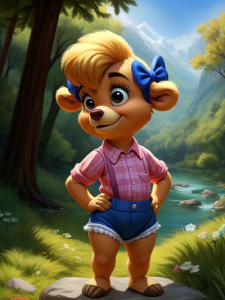 MollyCunninghambearDom, yellow wool, blue ribbons, white panties, shirt, shorts with suspenders, chibi,  small body,