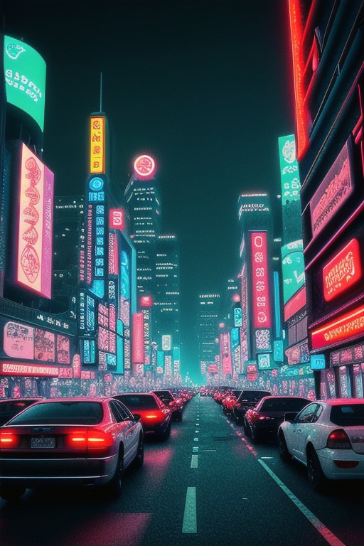 Cyberpunk, cyber city, night, neon lights, cars, humans