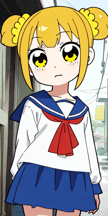 pop team epic popuko, short hair, skirt, shirt, hair ornament, long sleeves, twintails, school uniform, yellow eyes, white shirt, sidelocks, shoes, serafuku, socks, sailor collar, orange hair, two side up, blue skirt, neckerchief, brown footwear, scrunchie, short twintails, white socks, blue sailor collar, red neckerchief, hair scrunchie, yellow scrunchie pipimi, long hair, blue eyes, skirt, shirt, bow, school uniform, blue hair, white shirt, hair bow, sidelocks, shoes, serafuku, socks, blunt bangs, sailor collar, red bow, blue skirt, neckerchief, brown footwear, blue sailor collar