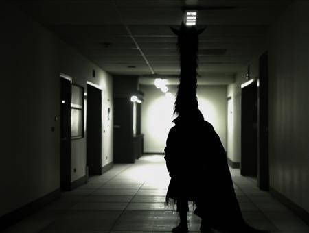 deathia, blurry, night, black background, from the dark, flashlight, a monster with long neck walking down a dark hallway at night, wearing a hospital gown, gooseman, very realistic effect, crawling towards the camera, monster design, hyper-realistic, blooodborne, mutahar laughing, hospital interior, looks directly at camera, shot on smartphone, werecrow, sectoid, sam,  <lora:deathia_yiu_v10:0.7>