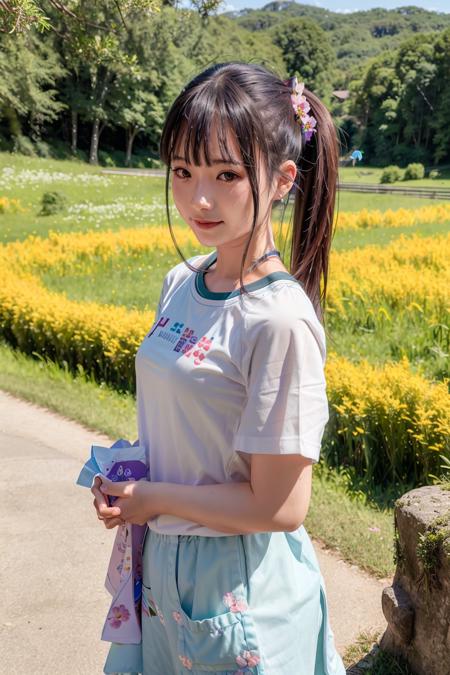 (4k, best quality), (realistic, photo-realistic),(vgirl),
1girl, solo,upper body,  (facing viewer),close-up,
ponytail,long hair,
perfect hands,(looking_at_viewer),(smile),
shirt,
nature, on_grass,flower_field,forest, <lora:vgirl_v10:0.7>