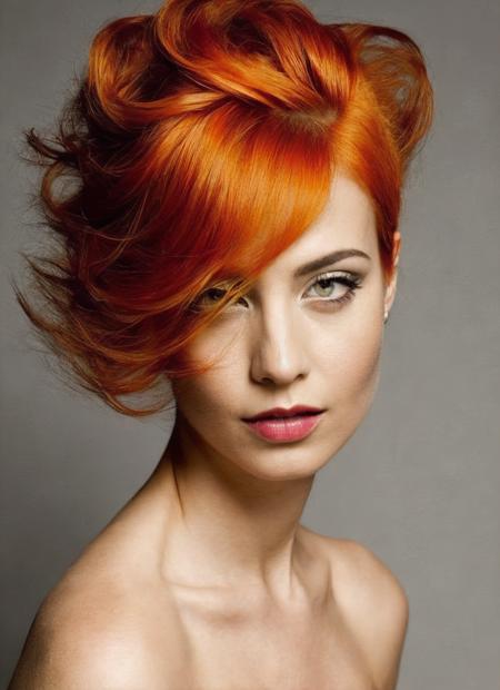 portrait of sks woman by Flora Borsi, style by Flora Borsi, bold, bright colours, orange Mohawk haircut, ((Flora Borsi)), <lora:locon_courtneyford_v1_from_v1_64_32:1.3>