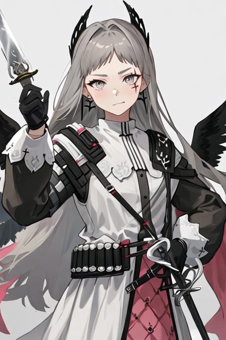 best quality, masterpiece, highres, solo, {irene_arknights:1.15}, long_hair, grey_hair, head_wings, scar, scar_across_eye, grey_eyes, earrings, jewelry, scar_on_face, closed_mouth, upper_body, very_long_hair, 1girl, holding, holding_sword, holding_weapon, looking_at_viewer, sword, weapon, portrait, rapier