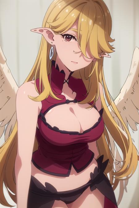 misalie, long hair, blonde hair, very long hair, pointy ears, (hair over one eye:1.5), mole, mole under eye, (brown eyes:1.5), cleavage, jewelry, underwear, panties, earrings, wings, clothing cutout, feathered wings, angel wings, white wings, red panties,