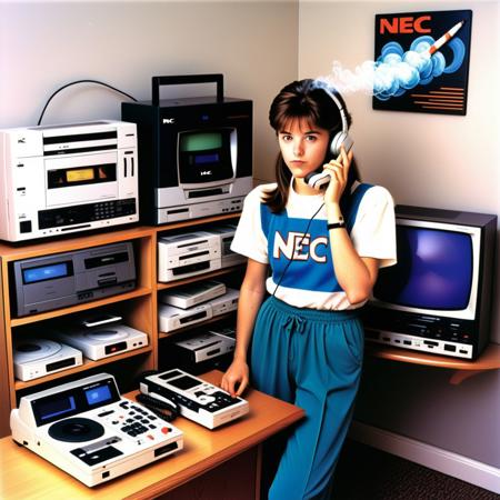 (((nec pc-8801))), at phone, videocassette recorder, cd player, hi-fi rack, cigarette, smoke trail, corded phone, stereo, 1980s (style), 1girl, sneakers, late 20th century nostalgia