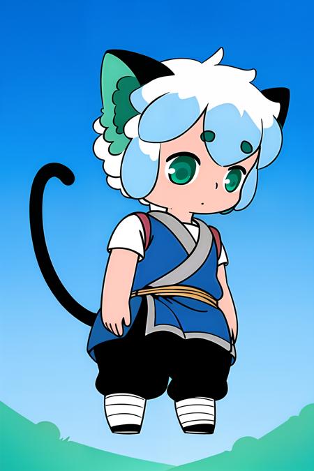 LuoXiaoHei, cat boy, (white hair), black tail, animal ears, green eyes,  cat ears, aqua eyes, solo, 1boy, eyebrows visible through hair,
full body, chibi, short sleeves, pants, vest,
exquisite and exquisite, fairy tale, incredible high details,  pixar style, bright color, natural light, solid color simple background, ctane rendering,
gorgeous, ultra clear details, 8K, hd realistic, 8K hd realistic,