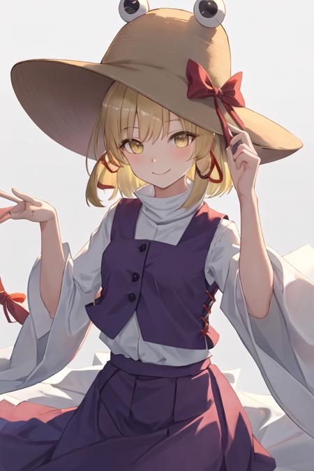 best quality, masterpiece, highres, solo, {moriya_suwako_touhou:1.15}, blonde_hair, hat, ribbon, hair_ribbon, vest, smile, yellow_eyes, bangs, red_ribbon, brown_headwear, purple_vest, sidelocks, short_hair, 1girl, looking_at_viewer, wide_sleeves