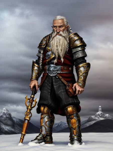 <lora:Heroes5_dwarf:0.7> heroes5_dwarf, solo, simple background, 1boy, holding, standing, full body, braid, white hair, male focus, pointy ears, belt, grey background, armor, facial hair, staff, beard, mustache, holding staff, old, old man, snow, snowy mountains, snowy mountains in background, dark sky, black sky, blue sky, night sky, realistic, 8k, ultra hd, beautiful, professional, highres, absurdres, award winning, photorealistic, ultra highres, sharp focus, best quality, extremely detailed, masterpiece, hyper-detailed, photographic, perfect detailed hands, perfect face, perfect body, perfect eyes, perfect lips, perfect nose, perfect hands, perfect fingers