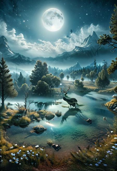 masterpiece, best quality, ultra-detailed, realistic, 8k,  lakes, meadows, glitter, moonlight, one pine tree, a couple of deer on very distant, Crystal landscape, Crystal flowers, Crystal fantastic, out-of-this-world scenery, masterpiece, best quality, ultra-detailed, realistic, 8k, lifelike naturalism, greatest naturalism photo, immaculate detailed realism photography, rich colors, best colors composition, intrigue nature panorama, delicate nature photo, immaculate micro-details nature elements, lakes, meadows, glitter, moonlight, Crystal landscape, Crystal flowers, Crystal fantastic, out-of-this-world scenery, prettiest, breathtaking beautiful, perfect compositions, perfect proportion, super delicate, surreal, insanely lifelike, top best naturalism photography, greatest detailed, intricate details, depth of field, more emphasize more, more highlight,