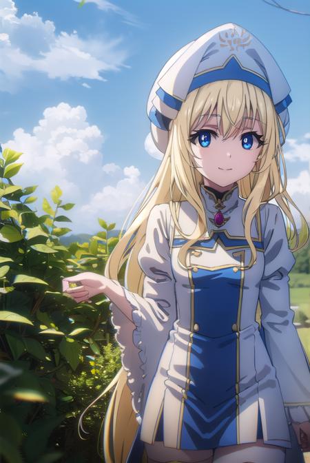 priestess, <lyco:priestesss2-lyco-nochekaiser:1>, 
priestess, blonde hair, blue eyes, long hair, hair between eyes, (small breast:1.2), smile,
BREAK boots, dress, frilled sleeves, frills, hat, white headwear, pelvic curtain, high heels, robe, thigh boots, thighhighs, white thighhighs, long sleeves, puffy sleeves,
BREAK outdoors, grass, nature, forest, cloud, sky, sun,
BREAK looking at viewer, (cowboy shot:1.5),
BREAK <lyco:GoodHands-beta2:1>, (masterpiece:1.2), best quality, high resolution, unity 8k wallpaper, (illustration:0.8), (beautiful detailed eyes:1.6), extremely detailed face, perfect lighting, extremely detailed CG, (perfect hands, perfect anatomy),