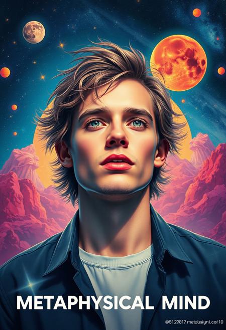 high quality design aesthetics, Seventies Psychedelic 70's space album cover, dynamic, colourful, slow track, melancholic, young white man, artist name "MUSAIC",  melancholic, album title "Metaphysical Mind"
