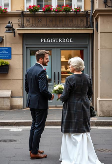 A young European heterosexual couple wore wedding attire to the Household Registration Office to notarize their marriage, and after completing the registration procedures, they were walking on their way home.
At this time, another elderly heterosexual couple with white hair came on the opposite street. The young couple passed by the elderly couple and both sides turned back to look at each other.
The young couple seemed to see their future, and the old couple seemed to see themselves when they were young, and both sides smiled knowingly at the same time.
FHD, Rich in details, masterpiece.