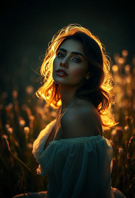Photography by Philippe Halsman and Huda Lutfi. A beautiful woman poses on a dark luminescent meadow with shadow art. Alluring, 8K, UHD, masterpiece, highly detailed, delicate details, realistic, perfect composition, natural light, cinematic. Radiating irresistible charm from head to toe. Octane render, trending on Artstation.