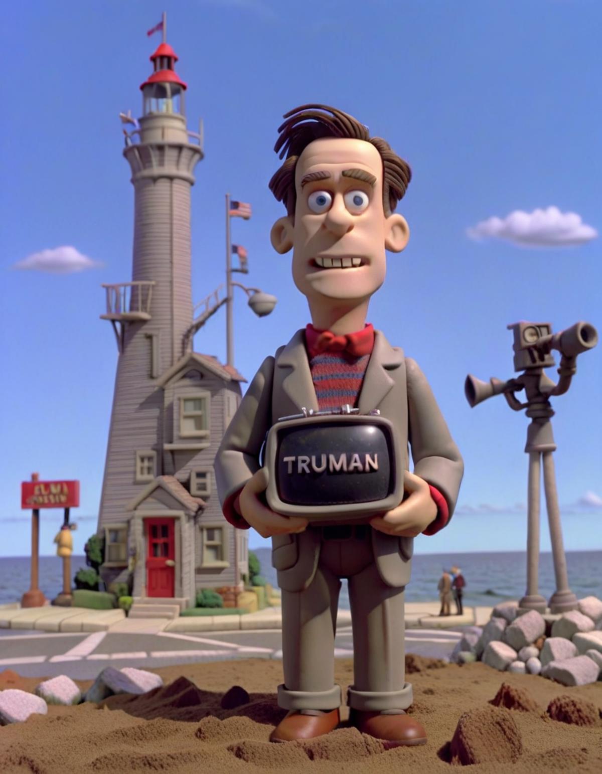 A cartoon character holding a briefcase in front of a lighthouse.