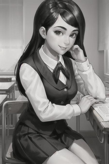 withLora(ExTBPolina,0.5) 1girl sits at an angle on a desk in the classroom, 18yo, cute face, smile, looking at viewer, school uniform, stockings,