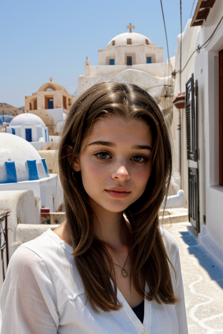 BertaCastane, portrait, ((Santorini, Greece (whitewashed streets), charming village streets, white-washed buildings, blue domes, Aegean Sea views))