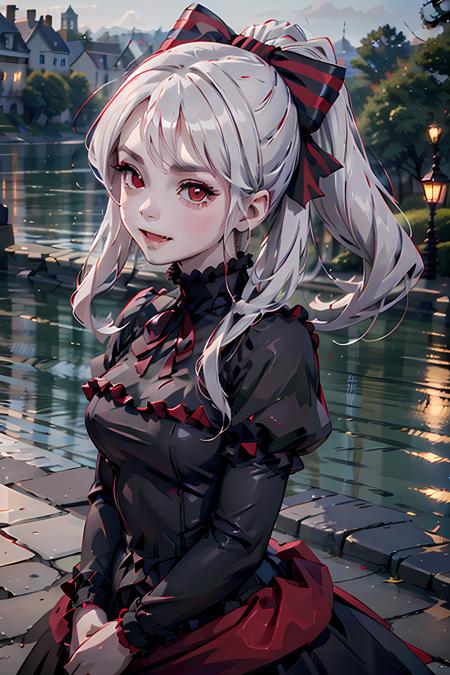 shallteardef shalltear overlord   long sleeves,  red bow, red ribbon,  neck ribbon,fang out, grey hair,frills