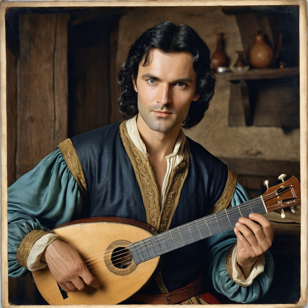 a medieval bard, wearing fine silk clothes, holding a lute, black hair, (faint of enigmatic smile:0.25), handsome, looking at viewer, in a tavern, eye contact, portrait, vintage photo,