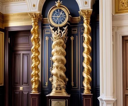 gold varnished, twistcolu pendulum wall clock, louis xvii, analog film , photography, <lora:twistcolu-12:1>