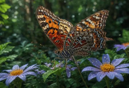 (Realism: 1.5), Cinematic lighting.super macro mode,butterfly,spread wings,landing on a forest flower in a forest clearing,multicolor,super,ultra,detailed images.ultra high resolution,HDR quality
