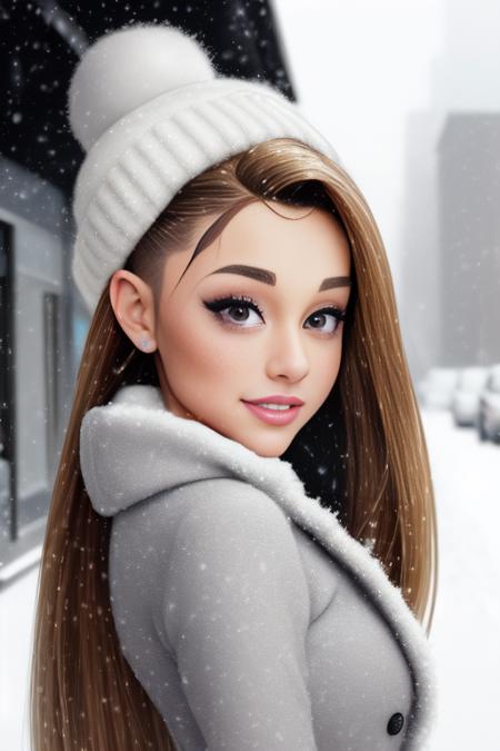 professional portrait photograph of a gorgeous (ariana-10000) in winter clothing , sexy smile, ((sultry flirty look)), freckles, beautiful symmetrical face, cute natural makeup, wearing elegant winter fashion clothing, ((standing outside in snowy city street)), stunning modern urban upscale environment, ultra realistic, concept art, elegant, highly detailed, intricate, sharp focus, depth of field, f/1. 8, 85mm, medium shot, mid shot, (centered image composition), (professionally color graded), ((bright soft diffused light)), volumetric fog, trending on instagram, trending on tumblr, hdr 4k, 8k