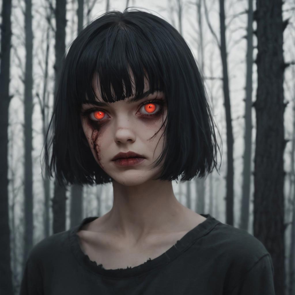 1 girl, russian girl, black hair, short hair, bangs, straight hair, red eyes, she is evil, scary forrest