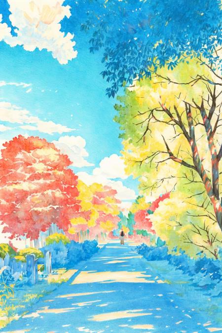 tree, outdoors, bench, traditional media, park, solo, scenery, road, 1girl, painting (medium), day, watercolor (medium), sitting, grass, outdoor, sunny day, road, white clouds, distant view, <lora:Colored lead_20230801210009:0.82>