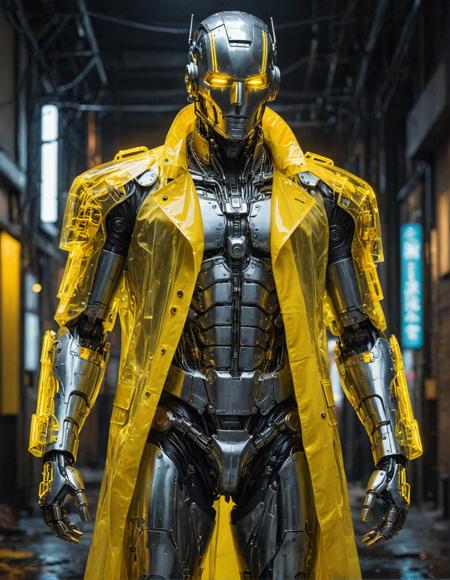 A cyberpunk robot wearing a transparent yellow mackintosh, glowing elements, masterpiece, best quality,