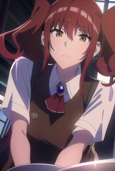 erikakuramoto, <lyco:erikakuramoto-LYCORIStest:1>,
erika kuramoto, twintails, (red hair:1.5), two side up, (brown eyes:1.5), hair between eyes, (large breast:1.2),
BREAK collared shirt, shirt, ascot, red ascot, juliet sleeves, short sleeves, sweater, brown sweater vest,
BREAK looking at viewer,
BREAK indoors, classroom,
BREAK <lora:GoodHands-vanilla:1>, (masterpiece:1.2), best quality, high resolution, unity 8k wallpaper, (illustration:0.8), (beautiful detailed eyes:1.6), extremely detailed face, perfect lighting, extremely detailed CG, (perfect hands, perfect anatomy),