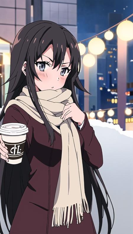 hiratsuka shizuka, 1girl, solo, (blush:1.2), long hair, black hair, grey eyes, bangs, large breasts, (breath:1.2), parted lips, city, street, snow, christmas lights, winter clothes, no headwear, winter coat, scarf, mittens, coffee cup, looking at viewer, reaching out, (s1_style:1.0), <lora:shizuka_hiratsuka_v2a-000008:1>