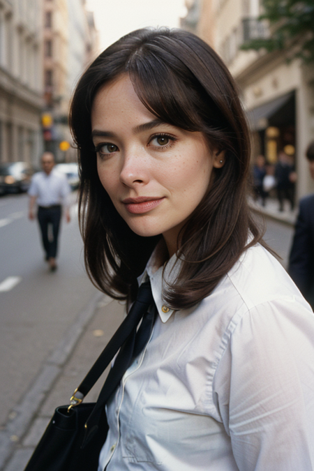 JanineTurner, (spy agency) photo, (closeup on upper body:1.3), (professional assassin, banker clothing, walking down busy sidewalk, lots of people bustling, European old city, afternoon sweet lighting, high camera angle, long zoom lens medium format camera), in the style of (Mission Impossible, John Le Carre)