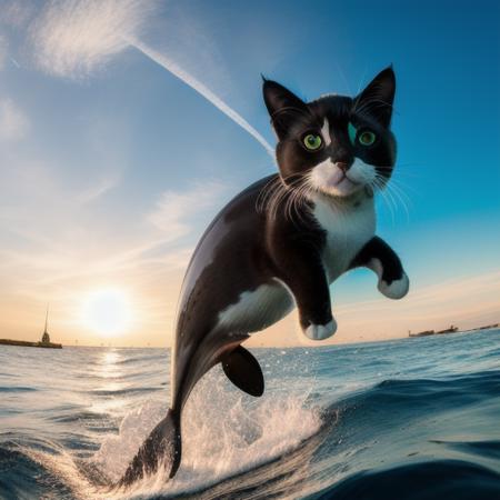 A photo of a cute dolphin-cat hybrid jumping from the sea, god light, (cat face:1.4), dolphin body, bold natural colors, wide angle view,  masterpiece, trending on artstation, photograph, award-winning, documentary, wildlife, 8k